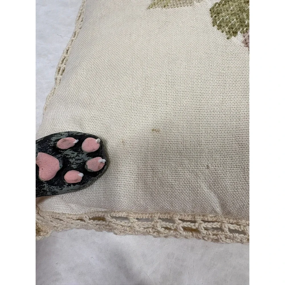 Vintage Cross Stitch Fruit Wreath Throw Pillow Lace Trim Cottagecore Cream 16x16